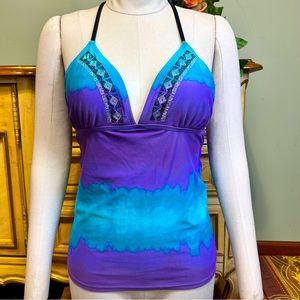 MUDD Boho Tie Dye Purple Blue Black Silver Embroidered Bathing Suit Tankini